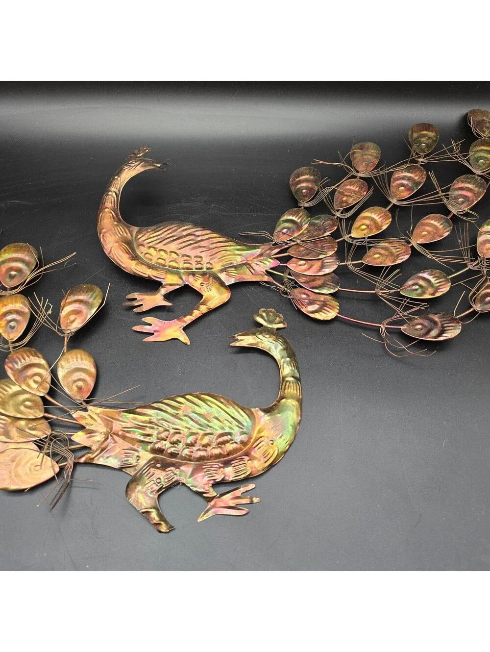 Vintage MCM Metal Peacock Wall Art Pair Flame Cut Finish 1970s